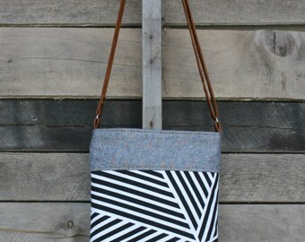Crossbody Bag, Denim, Black and White Stripe, Genuine Leather, Everyday Purse, Adjustable Strap