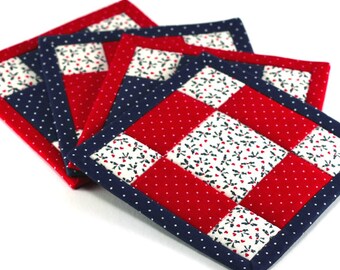 Patriotic Fabric Coasters, 4th of July Coasters, Red White and Blue Coasters, 4 Reversible Mini Quilts Candle Mat Set, Quiltsy Handmade