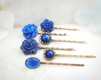 Blue Bobby Pin Set - Crystal Hairpins - Decorative Hair Pins - Blue Floral Hair Pieces - Hair Accessories Pearl - Vintage Bobby Pins H4018