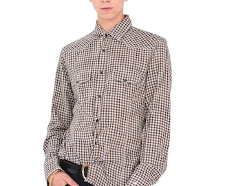 VINTAGE Brown Checked Long Sleeve Retro Button Down Shirt