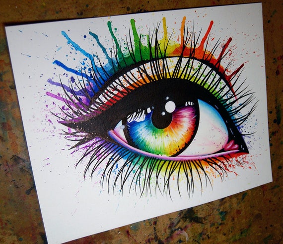 ORIGINAL 11x14 in Watercolor Painting Rainbow Eye Pretty