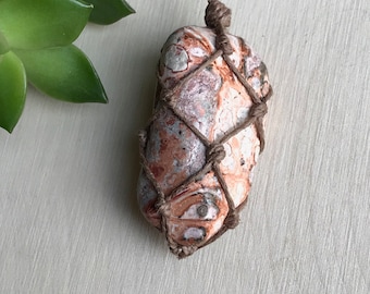 Leopardskin Jasper Necklace - Hemp Wrapped Stone Jewelry - Eye Stone Crystal Necklace - Leopardskin Jasper Stone Necklace - Earthy Style