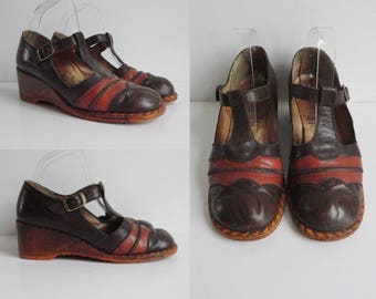 70s Vintage Leather Shoes // Fine Line Romantique // Dark/Cognac Brown Wedges // Size 39 // Made In Norway