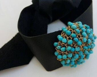 Leather and Turquoise Bracelet - Wire Crochet - Black Leather Bracelet - Brown Leather Bracelet - Bohemian Jewelry - Beach jewelry