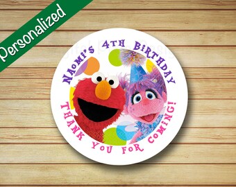 40 PRINTED Elmo and Abby Birthday Party Labels Sesame Street Rounded Stickers Personalized Elmo & Abby circle labels Toppers Favor Bag Label