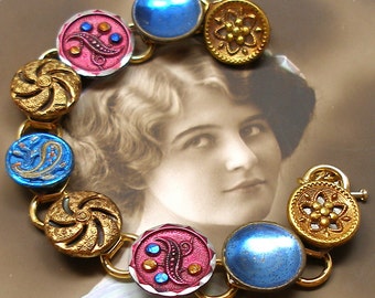 French Paisley Antique BUTTON bracelet, Victorian twinkles, gold, blue, pink, 7.5" jewellery.