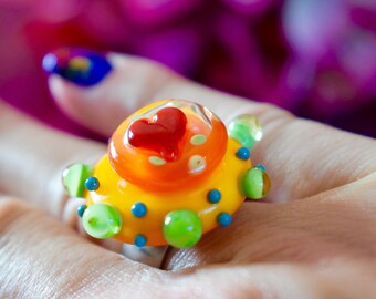 etArt,jewelry,lampwork,ring,glass,nail art ring 17 18 19,pendant,interchangeable,nailart,nail-art,red, orange,green,stainless steel,