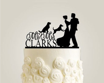 Custom Wedding Cake Topper - Wedding Cake Topper with two Dogs - Rustic Cake Topper with Last Name, Custom Dogs Available in Gold and Silver