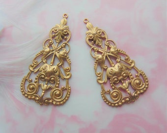 RAW BRASS Large (1 Pair) Filigree Tea Earring Drop Connector Stamping ~ Finding (C-412)