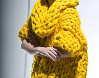 Chunky knitting. Chunky knit. Knit cardigan. Giant knitting yellow coat. Her big yarn sweater. Woolen oversized cardigan. Original knitwear.