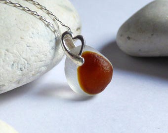 Brown Sea Glass Pendant, Seaglass Necklace, Sea Glass Jewelry, Heart Pendant, Sterling Silver, Seaglass Jewellery, Beach Heart - PJ17008