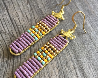 Brass beaded purple earrings,handmade beaded earrings, short dangle earrings