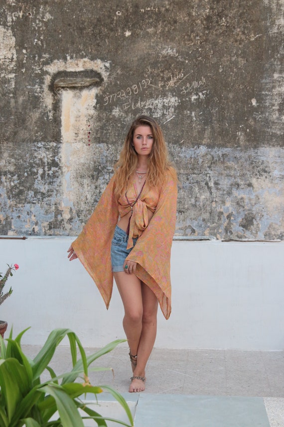PEACH KISS CROP - Bell sleeve Crop top - Silk Tie Top - Vintage - Festival Top - Retro - 60's - Bohemian - Cape - Kimono - Bespoke - Hippie
