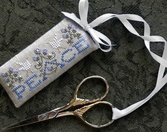 DRAWN THREAD Peace Scissors Tag counted cross stitch patterns at thecottageneedle.com dove