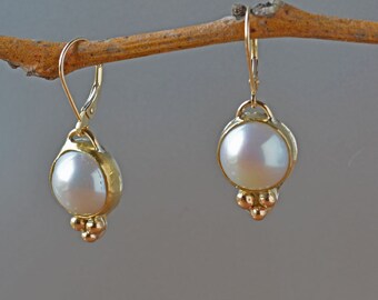 White Pearl Drop Earrings in Solid Gold, Elegant White Pearl Earrings, Freshwater Pearl Statement Earrings, Wedding, Bridal, Gift for Her