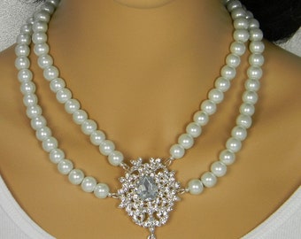 Vintage Rhinestone Brooch 2 Strand Pearl Necklace, Pearl Bridal Necklace Art Deco Wedding Necklace Bridal Statement Necklace