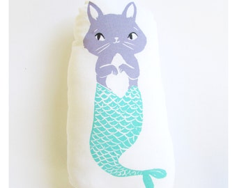 Cat Mermaid Shaped Animal Pillow. Purrmaid. Hand Woodblock printed. Choose any custom colors. Made to order.