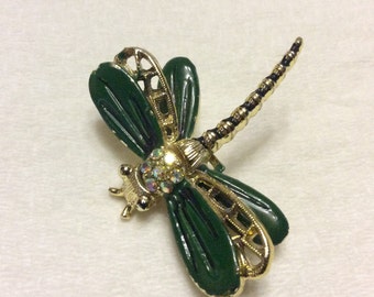 Vintage 1950s dragonfly brooch pin. Enamel and rhinestones.