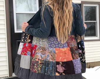 Patchwork Jacket, Size M/L,festival jacket, patchwork blazer, eco jacket, upcycled jacket, hippy coat, denim hippy jacket, Zasra