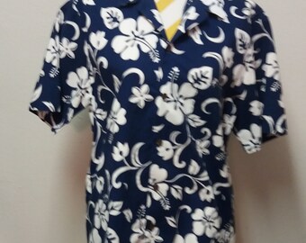 Vintage 1980s RJC Brand Royal Blue and White Large Men's Hawaiian shirt Made in Hawaii Aloha shirt