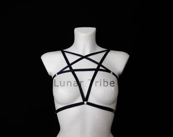black pentagram harness, satin harness bra, elastic body harness, fashion harness lingerie, body cage, fetish women harness, witchy
