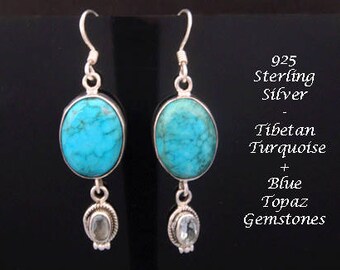 Earrings 063: Sterling Silver Earrings with Blue Topaz & Tibetan Turquoise Gemstones - Hand Made in Bali | Gifts for Women, Dangle Earrings