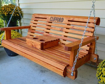 4ft Porch Swing Handmade Southern Style Round-Faced Roll Back Stained Wood Swing,Free Shipping