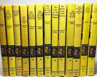 Nancy Drew Mystery Stories circa 1970s. 13 varying volumes 15-55 all with black & white picture endpapers. Carolyn Keene. Vintage book lot