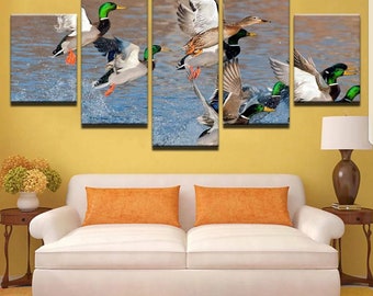 Mallard Ducks Flying From Lake 5 Panel Canvas