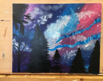 20" x 16" Acylic Night Sky Painting Aurora Borealis Northern Lights