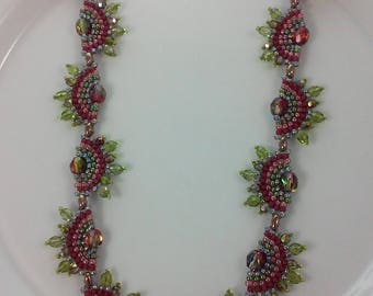 Seed Bead Necklace (beadweaving - iridescent variegated red/green fire polished ; rose pink, cranberry, olive green seed beads