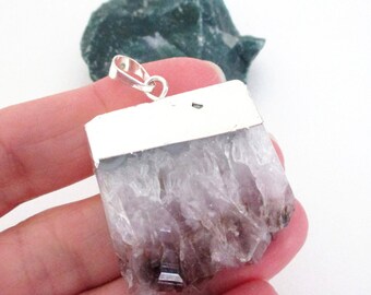 Amethyst Pendant - Rectangle Pendant Edged Silver - Purple Amethyst Druzy Slice Rectangular - Natural Druzy Stone - Amethyst Jewelry Gift