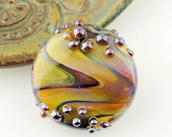 Lampwork Glass Lentil Bead Focal Blue, Green, Purple, Iridescent