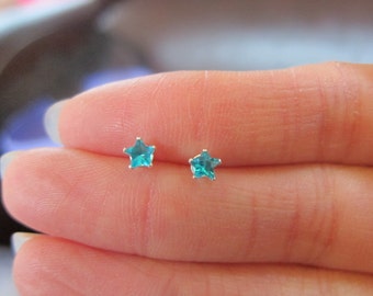 Tiny Sterling Silver Blue CZ Star Stud Earrings, tiny Stud Earrings, Everyday Jewelry