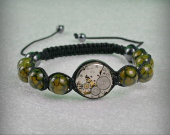 Mens Steampunk bracelet of Dragon Veins Agate Beads and vintage watch movement , bracelet Shamballa , Clockwork Bracelet