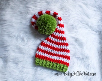 RTS Children's Pixie Elf Christmas Holiday Red White And Green Striped Crochet Hat 0-12 Months Ready To Ship