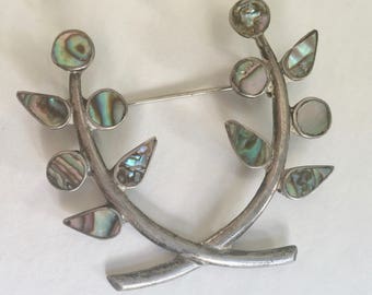 vintage abalone and sterling mexican flower brooch