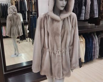 real fur mink jacket coat with hood silver blue best quality
