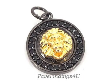 Micro Pave 2 tone Black & Gold Lion Head Pendant, Lion Pendant,Lion Head Charms, Pave Charm,16x18mm