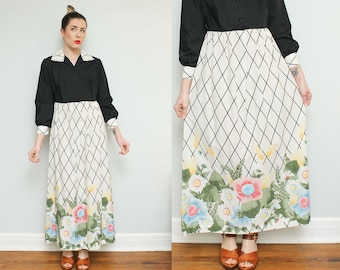 1970s Maxi Floral Dress // 70s Lily Ryan Black White Boho Dress Wide Collar Colorblock Linen Shirt Dress Size Medium