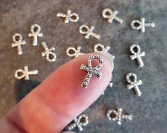 22 Mini Ankh Charms Embellishments Atq Silver Tone Tiny Egyptian Symbols 11x7 mm NOTE SiZE