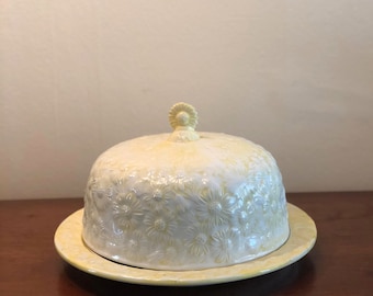 One of a kind Mid-Century Cake Plate and Dome- Yellow and White- Handmade