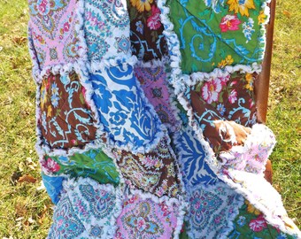 Floral Lap Rag Quilt - Lap Rag Quilt - blue, brown, yellow, green, pink - Gift for Her - Mother's Day Gift