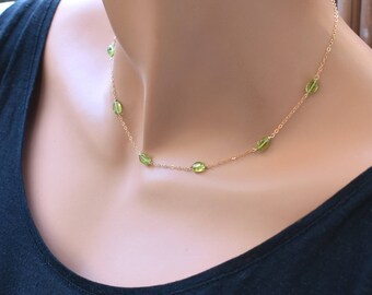 Peridot Necklace, Green Peridot Choker Necklace, August Birthstone Jewelry, Dainty Gold Choker, Sterling Silver Choker, Tiny Stone Necklace