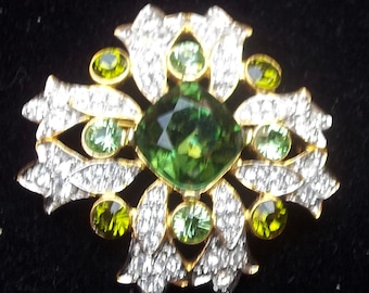 KENNETH J LANE Vintage Brooch MALTESE Cross Green & Ice Rhinestones