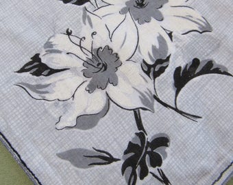 Gray & White Lily Hankie - Burmel Unused Printed Cotton Handkerchief - Burmel Original Label - Hankie White Lilies Gray and Black Background