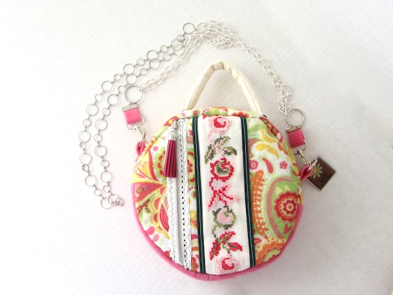 Round Crossover Bag // Drum Crossbody // Floral Chain Strap Bag // One of a Kind Eco Fashion // Unique Handbag // Her Gift // Artsy Bag