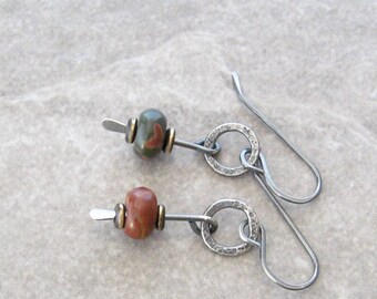 jasper and silver earrings, rustic red and green stone earrings, oxidized jewelry, metalwork earrings, silver earrings, mixed metal earrings