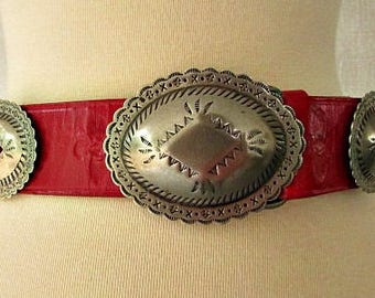 vintage 80s red leather concho belt M southwestern cowgirl catherine dial easley