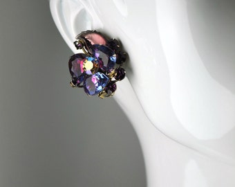 Vintage Judy Lee Purple Pink Flower Rhinestone Clip Earrings
